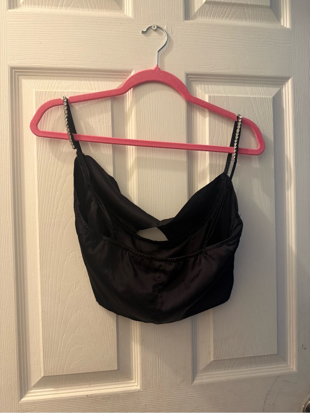 SHEIN Black Satin Cropped Camisole with Rhinestone Straps